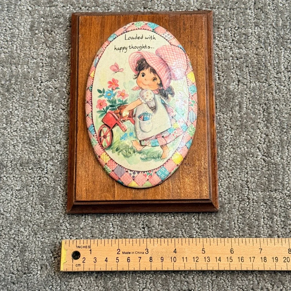 Vintage Holly Hobbie Style Wood Wall Plaque Girl Flowers Pink 8x5.5 Wood 1970s